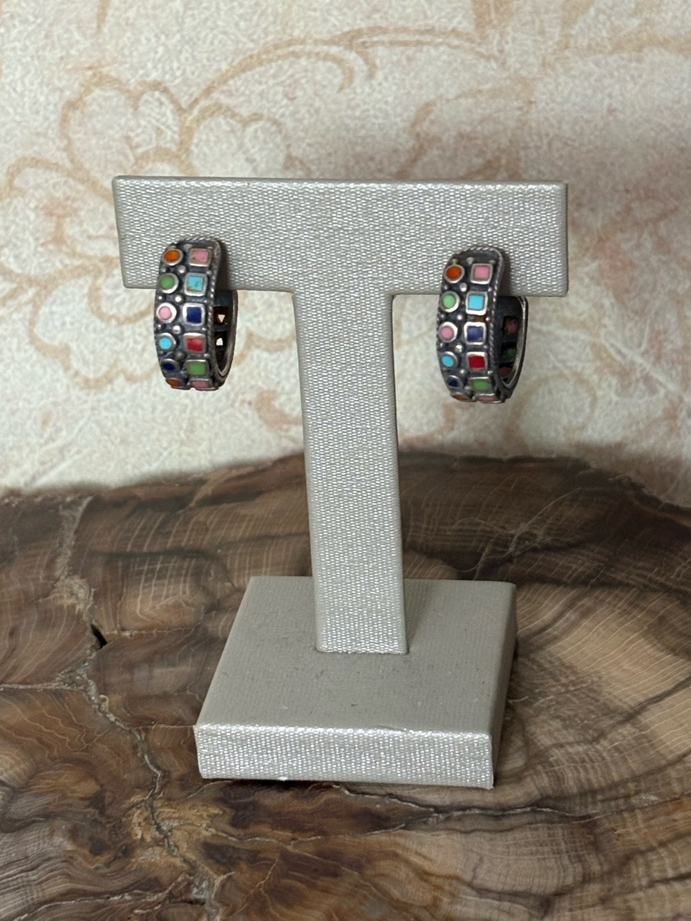 Sterling Silver Multicolor Natural Stone Inlay Hoop Earrings